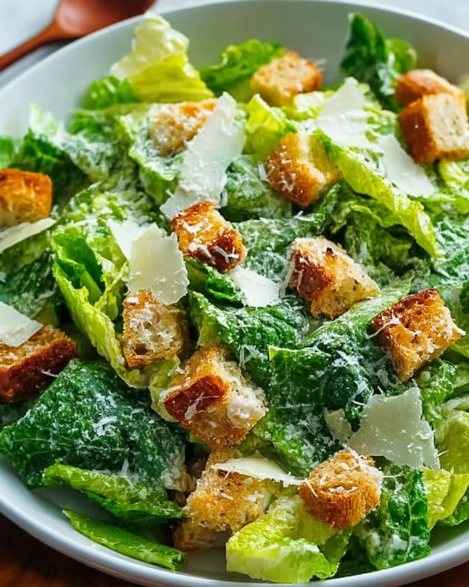 Delicious homemade Caesar Salad with croutons, parmesan cheese, and dressing.