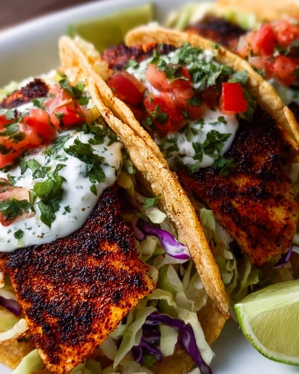 Delicious blackened fish tacos topped with fresh ingredients