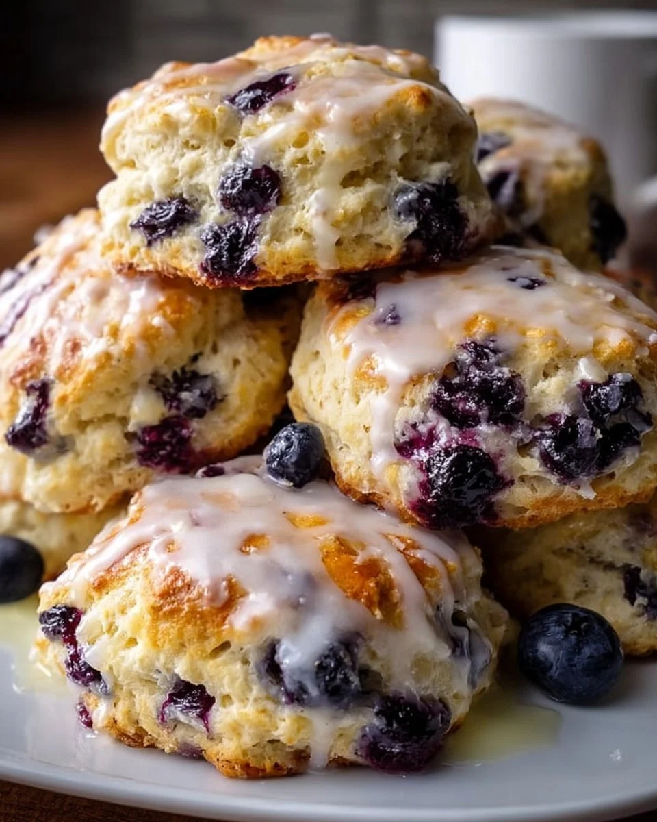 Blueberry biscuits topped with a fresh lemon glaze ready to be served.