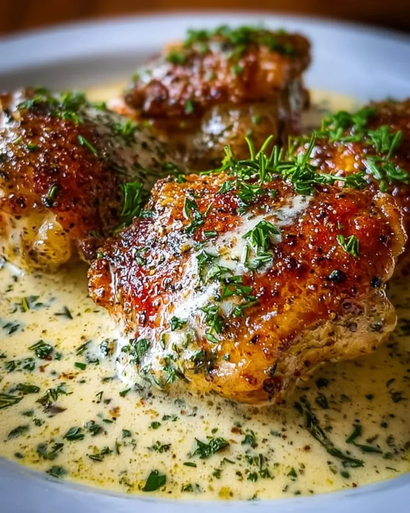 Bobby Flay-style chicken thighs in creamy garlic sauce garnished with herbs