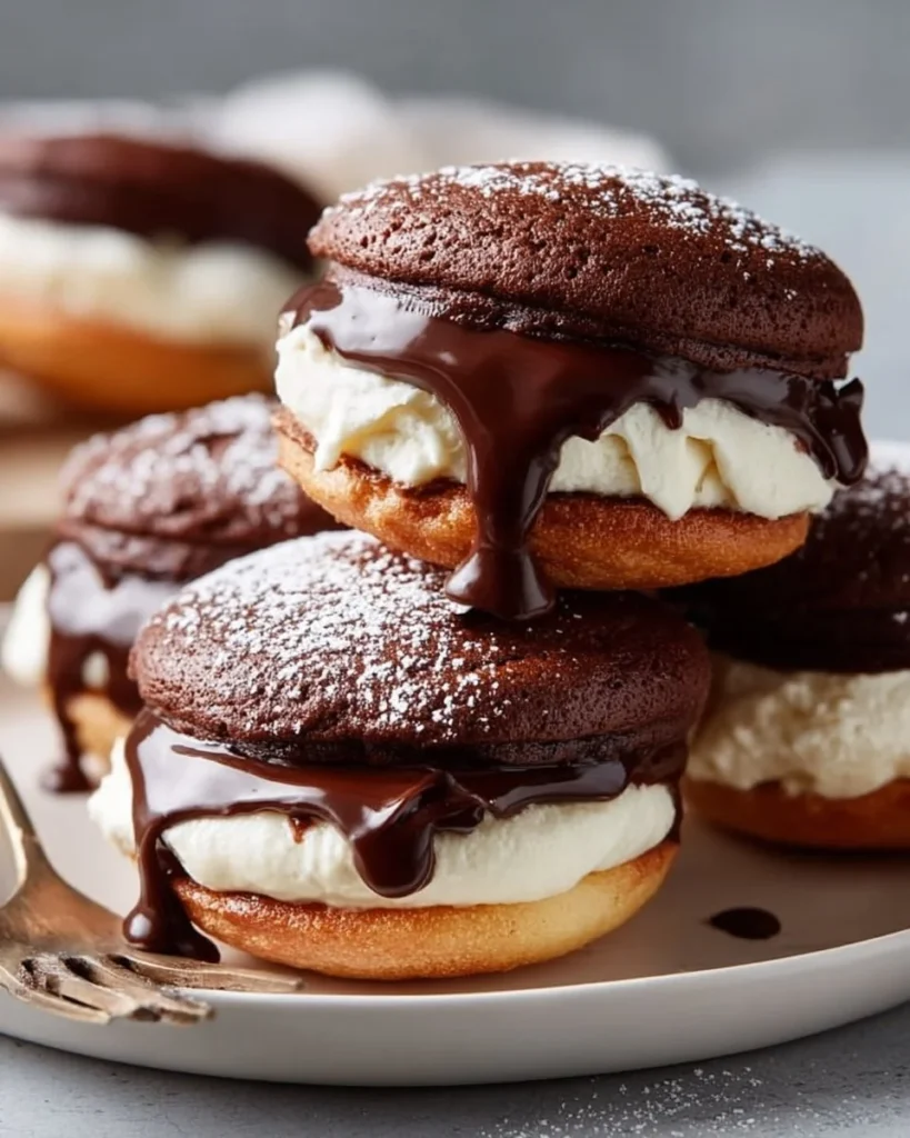 Delicious Boston Cream Whoopie Pies filled with creamy vanilla filling and chocolate glaze
