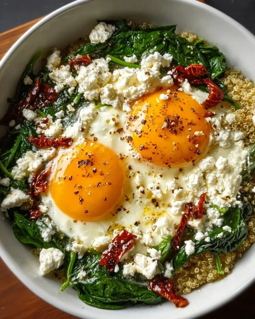 Breakfast Bowl with egg, spinach, and feta for a healthy morning meal.