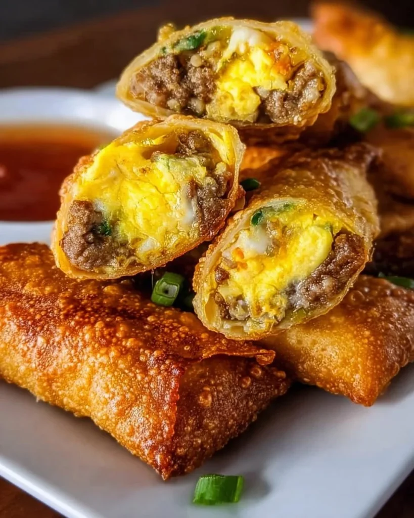 Deliciously crispy breakfast egg rolls filled with scrambled eggs and vegetables.