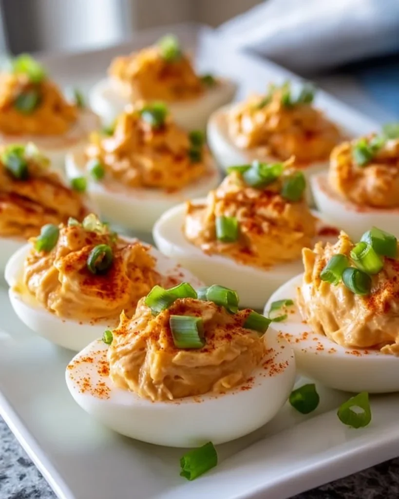 Buffalo Chicken Deviled Eggs garnished for a tasty appetizer