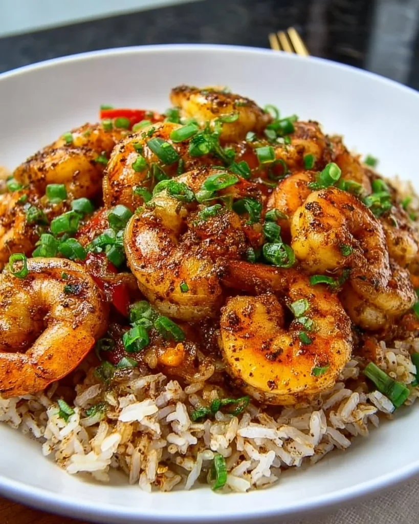 Delicious Cajun garlic butter shrimp served over rice
