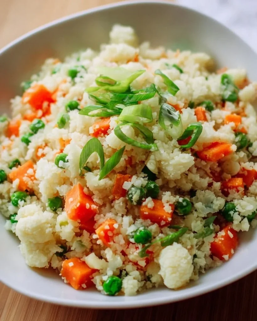 Delicious cauliflower rice stir fry with colorful vegetables in a pan