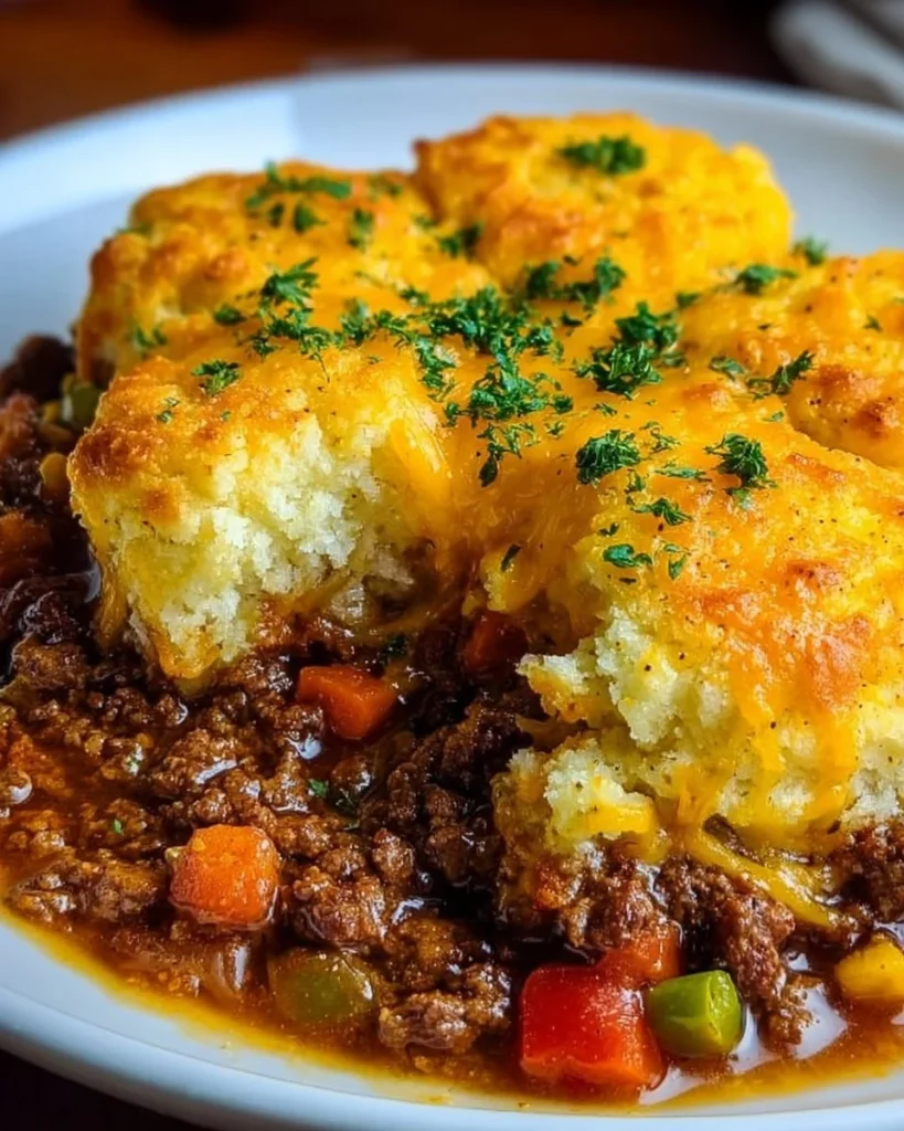 Delicious Cheddar Bay Ground Beef Cobbler served hot in a dish