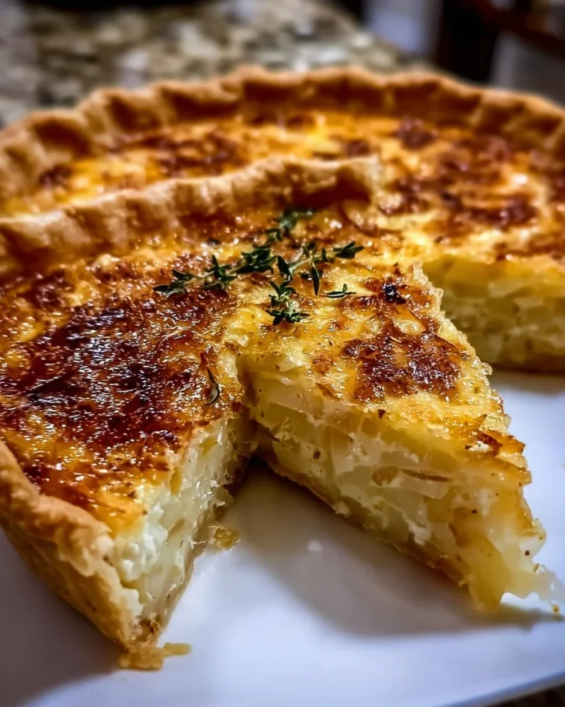 Cheddar Vidalia Onion Pie served with fresh herbs on a wooden table