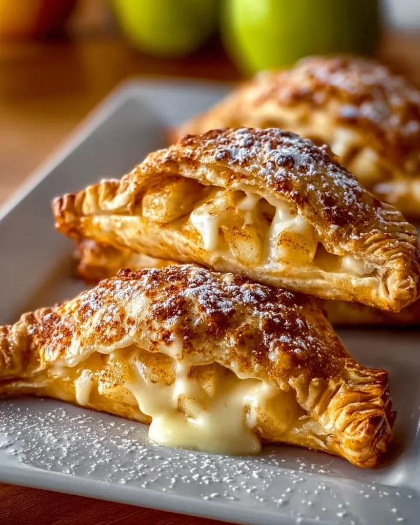 Cheesecake stuffed apple pies with cinnamon and caramel drizzles