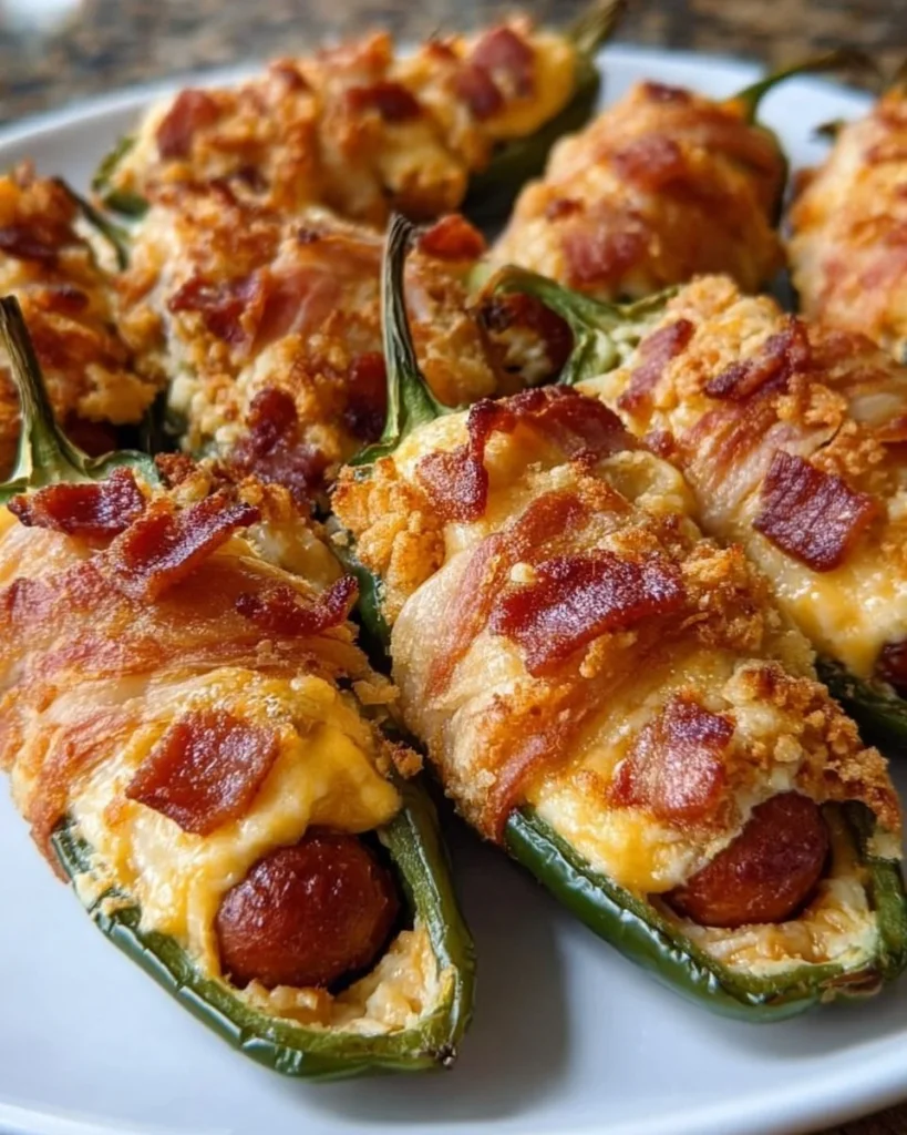 Cheesy chili dog jalapeño poppers served on a platter
