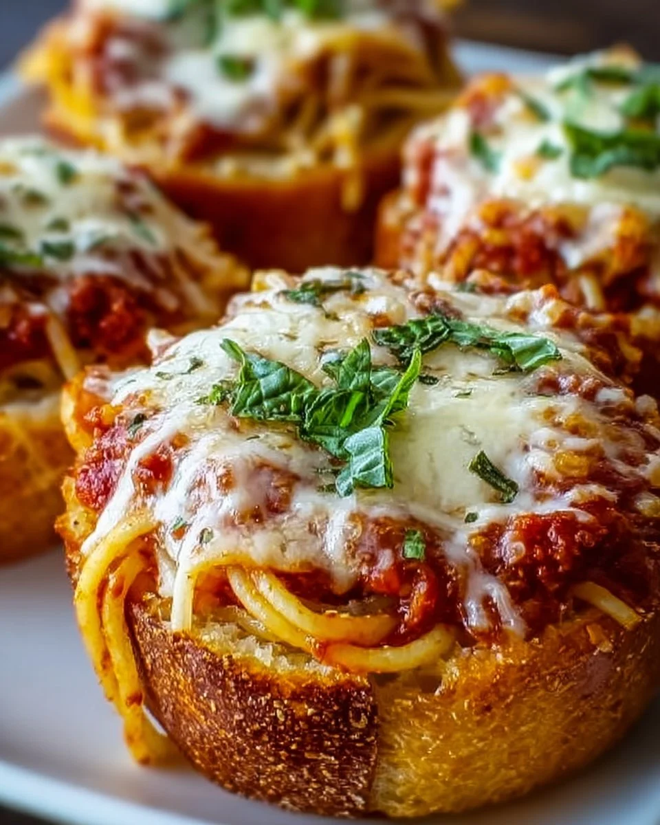 Cheesy spaghetti garlic bread bowls served in crusty bread for a comforting meal