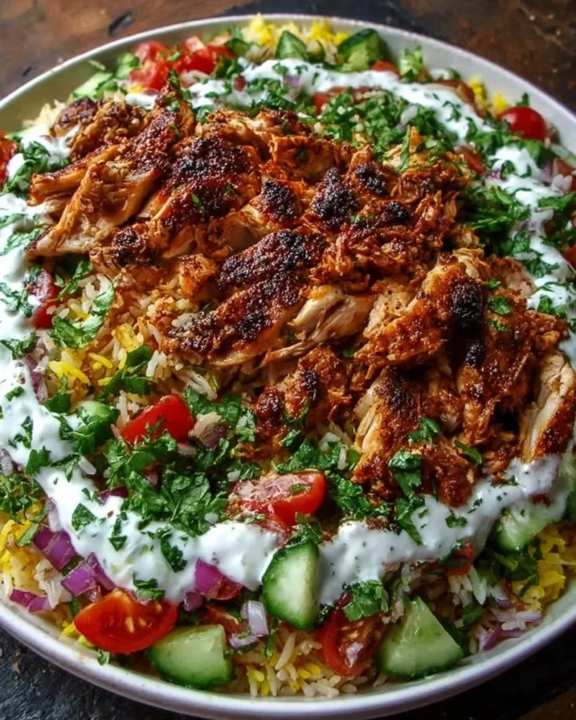 Chicken Shawarma Crispy Rice Salad with fresh vegetables and crispy rice