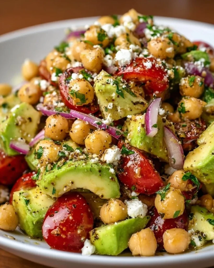 Chickpea Feta Avocado Salad with fresh ingredients in a bowl