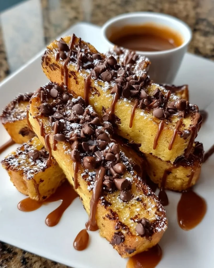 Chocolate Chip Caramel French Toast Sticks served on a plate