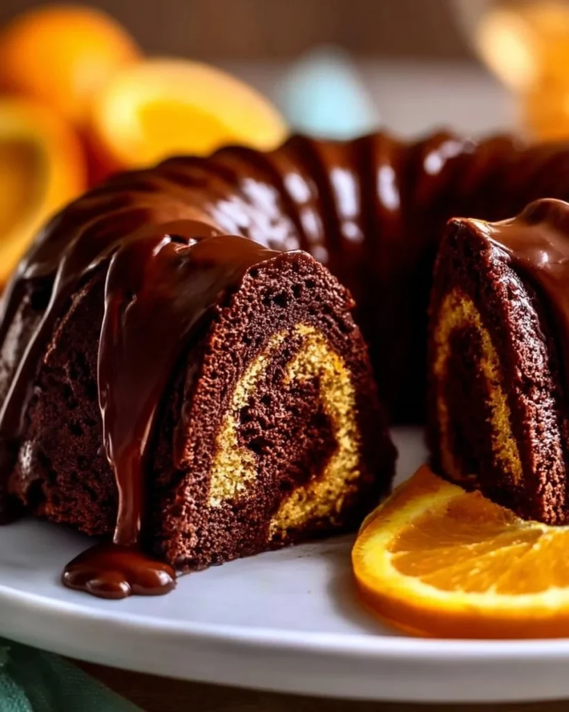 Delicious Chocolate Orange Bundt Cake with chocolate glaze and orange zest