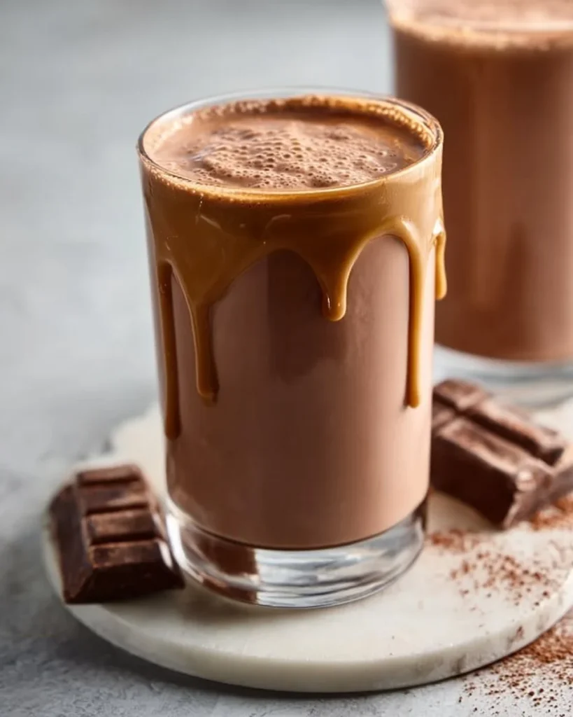 Delicious chocolate peanut butter protein smoothie in a glass