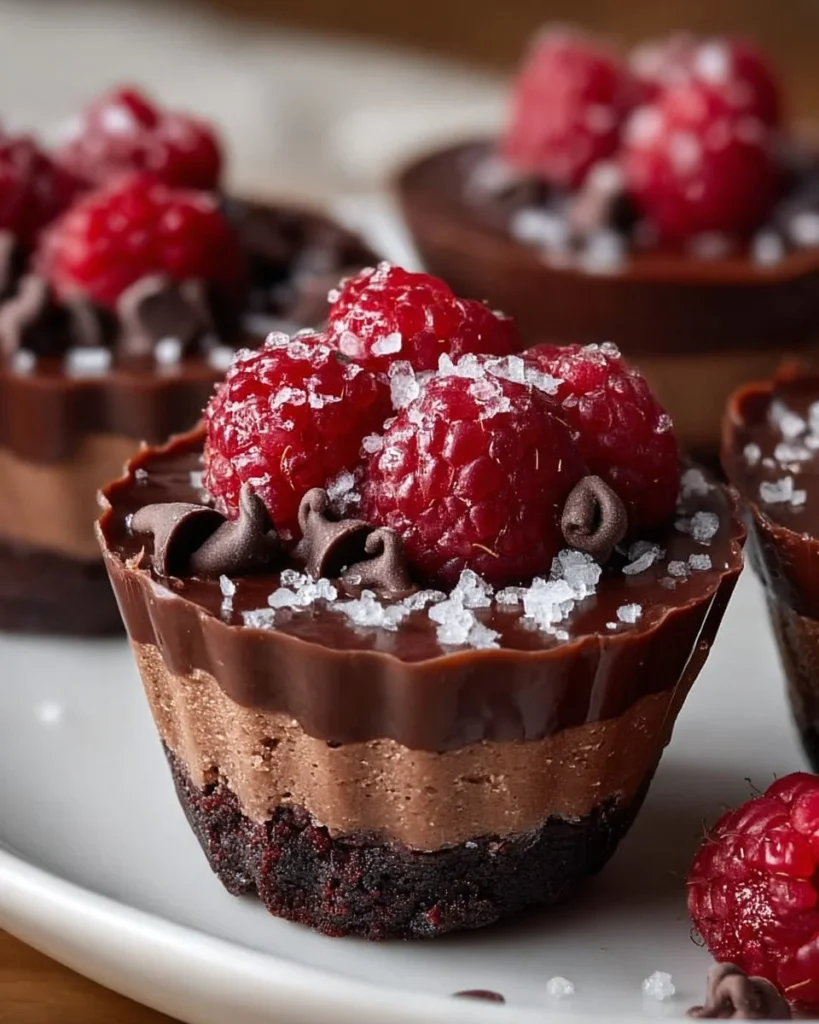 Chocolate raspberry mousse cups garnished with sea salt for an elegant dessert