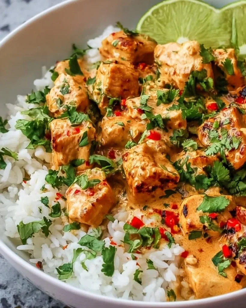 Delicious Coconut Chicken Rice Bowl garnished with fresh herbs and vegetables