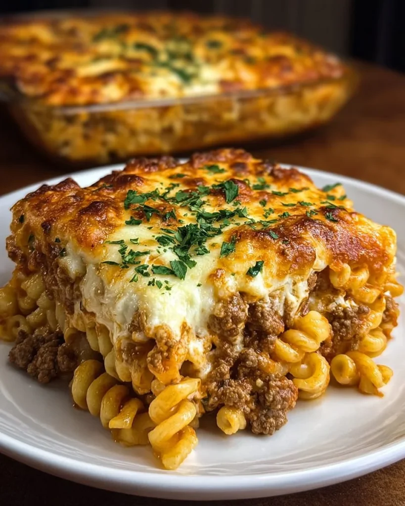 Cottage Cheese Pasta Bake topped with ground beef and melted cheese