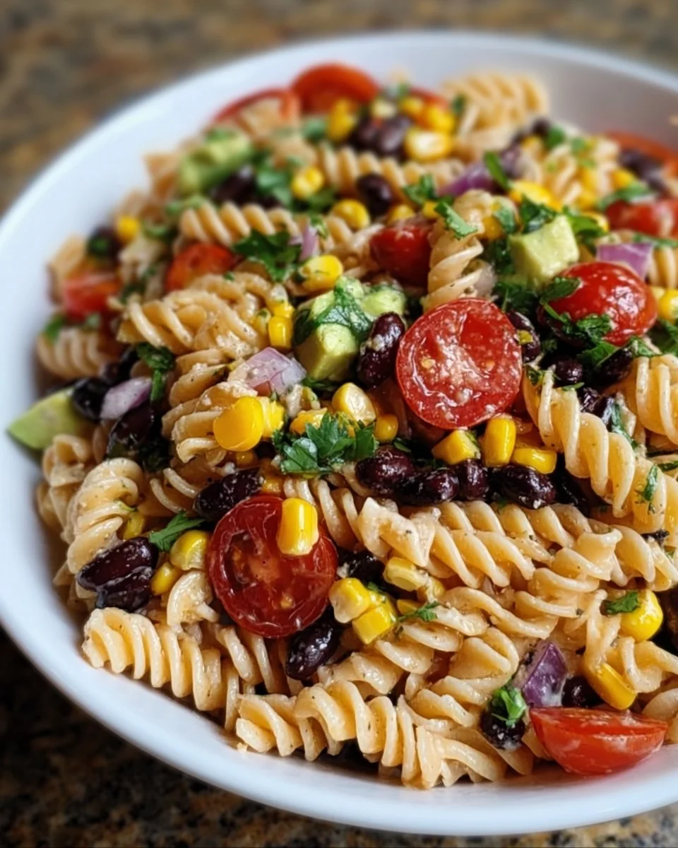 A colorful bowl of Cowboy Caviar Pasta Salad with fresh vegetables and dressing.