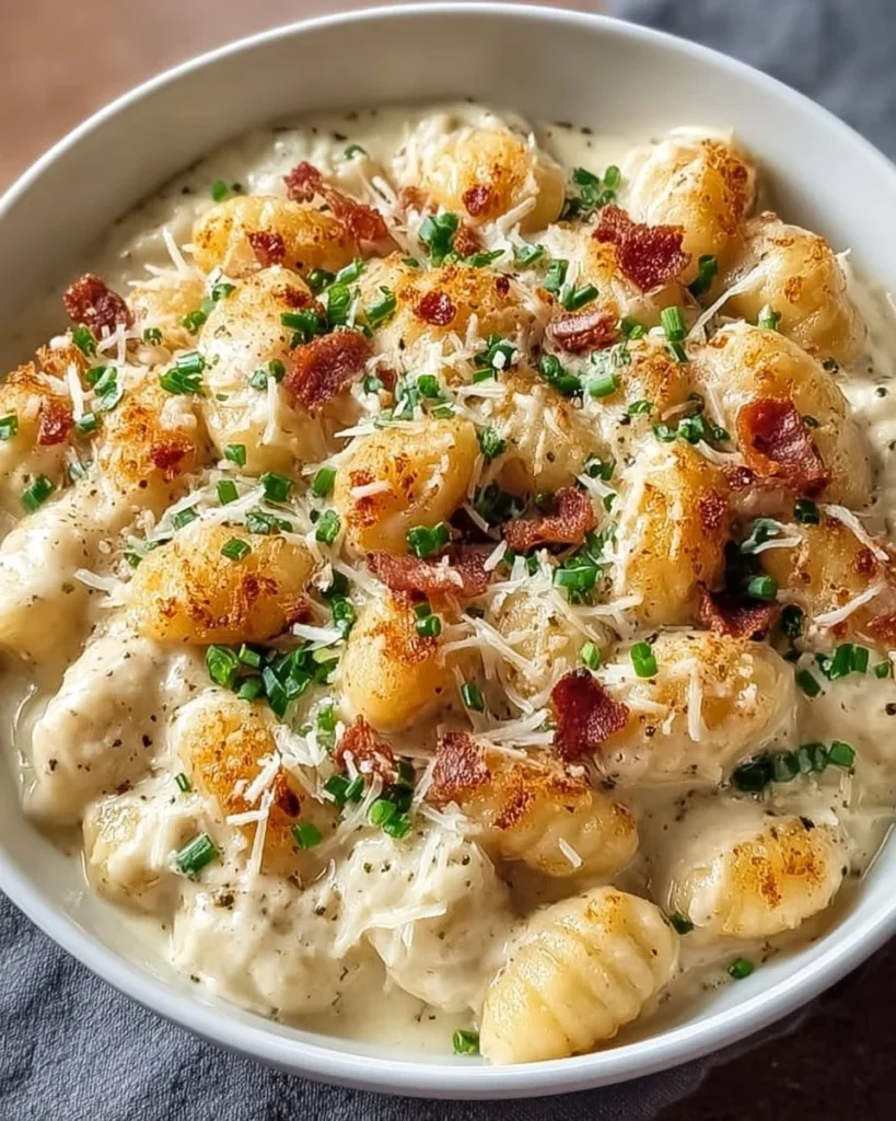 Bowl of creamy Crack Chicken Gnocchi garnished with herbs.