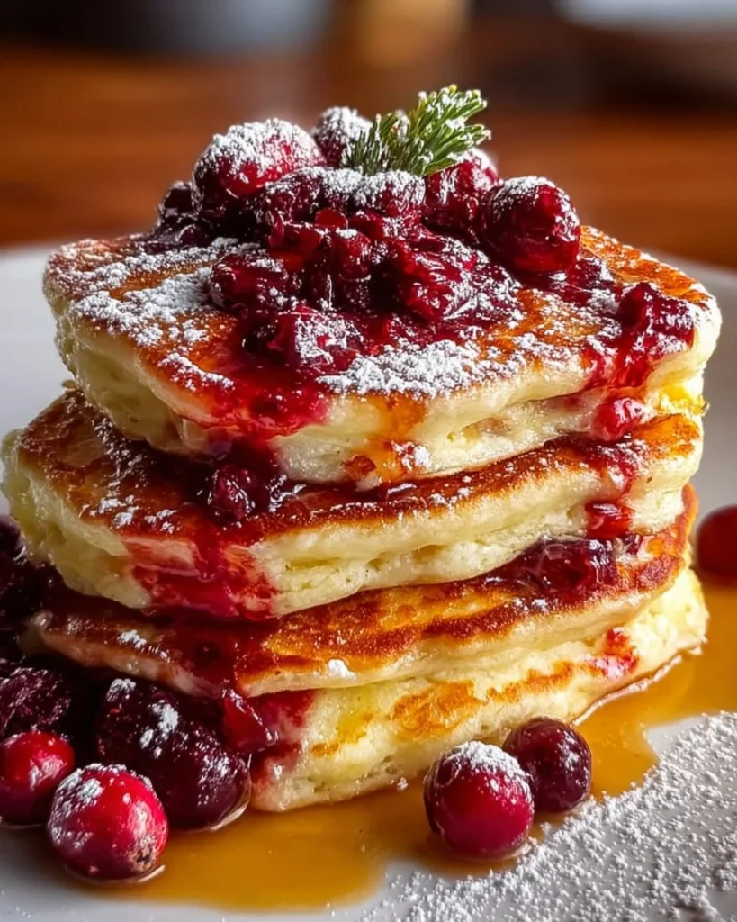 Stack of cranberry orange ricotta pancakes topped with fresh cranberries and syrup