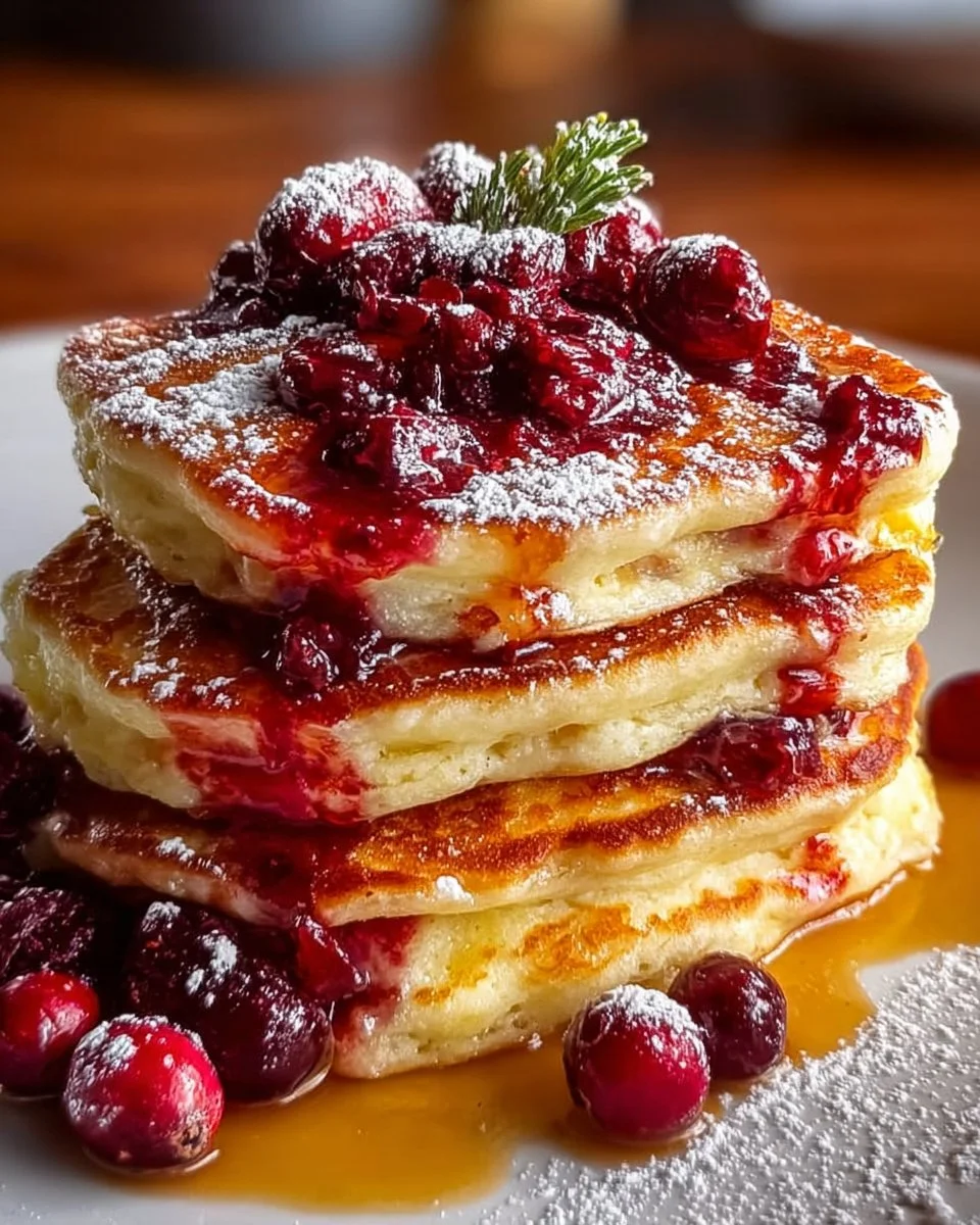 Stack of cranberry orange ricotta pancakes topped with fresh cranberries and syrup
