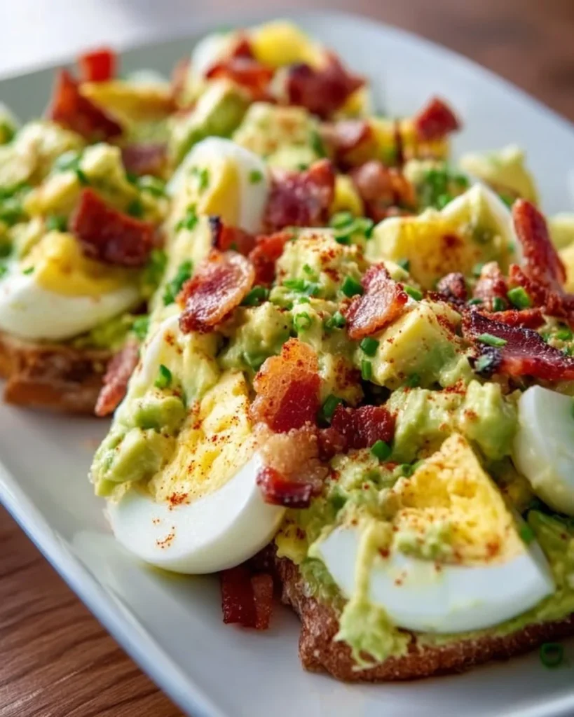 Creamy avocado egg salad topped with crispy bacon, served in a bowl.