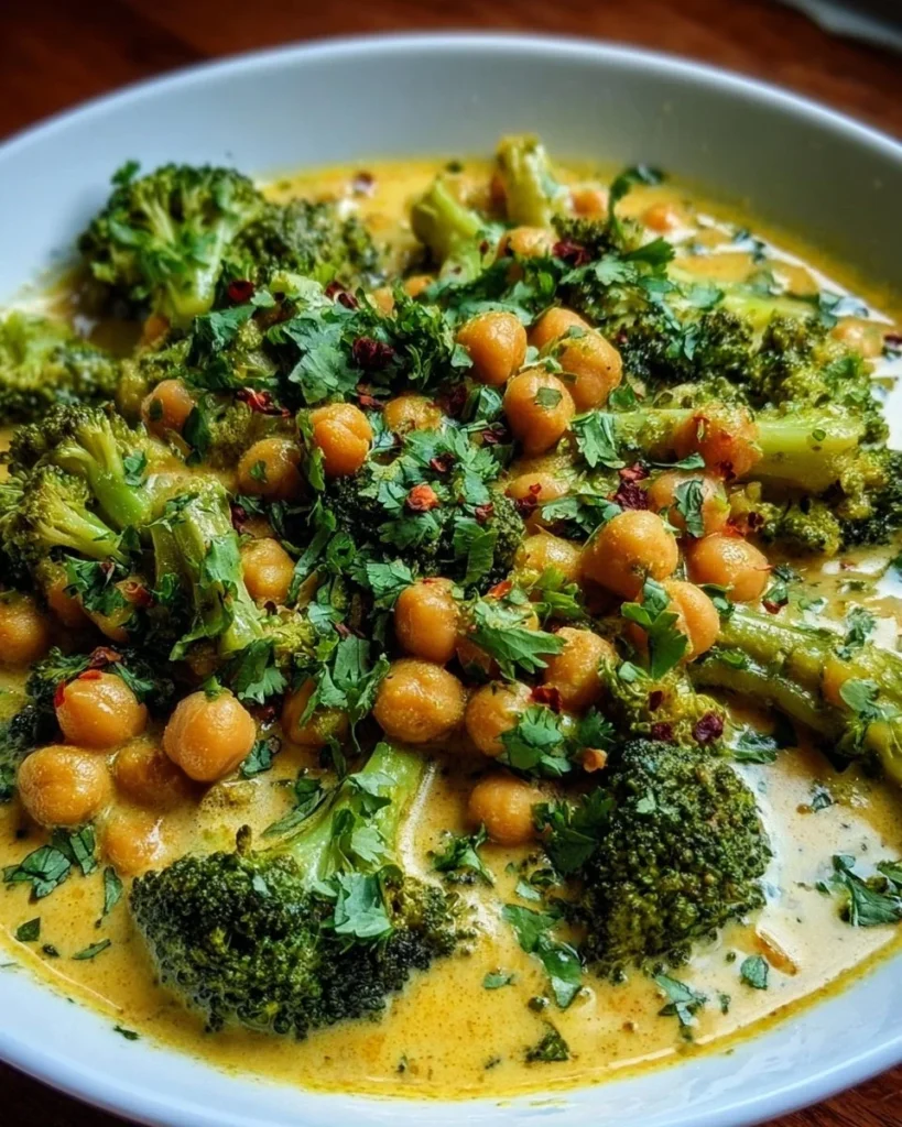 Creamy broccoli chickpea curry served in a bowl with spices