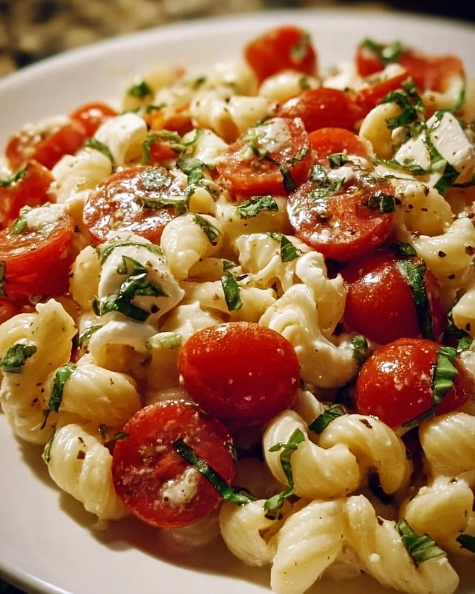 Creamy Caprese Pasta Salad with fresh tomatoes and mozzarella cheese.