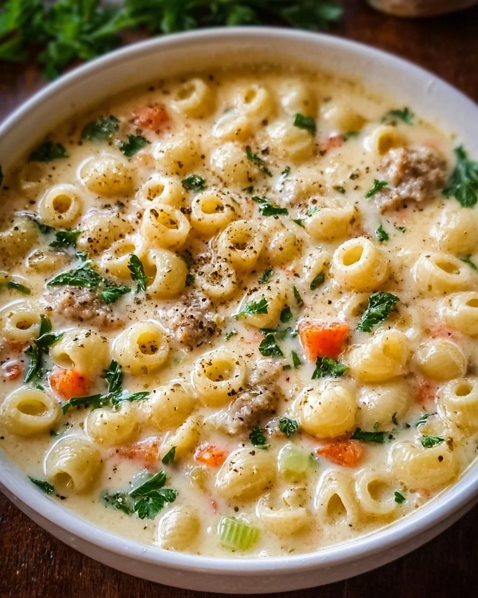 Bowl of creamy ditalini soup garnished with herbs and spices