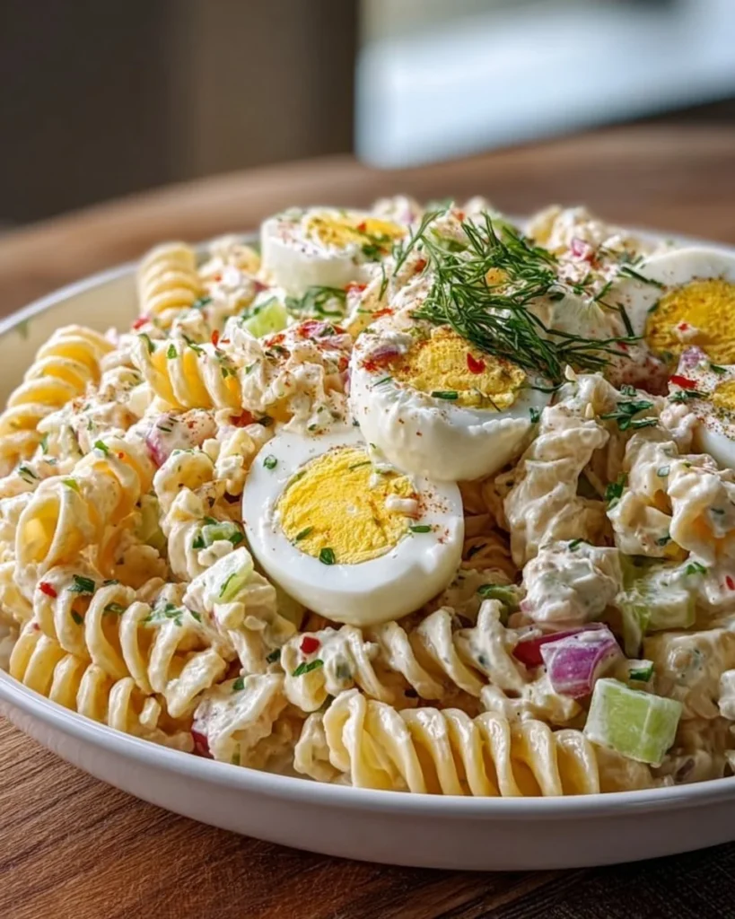 Creamy potluck pasta salad with hard-boiled eggs in a serving bowl