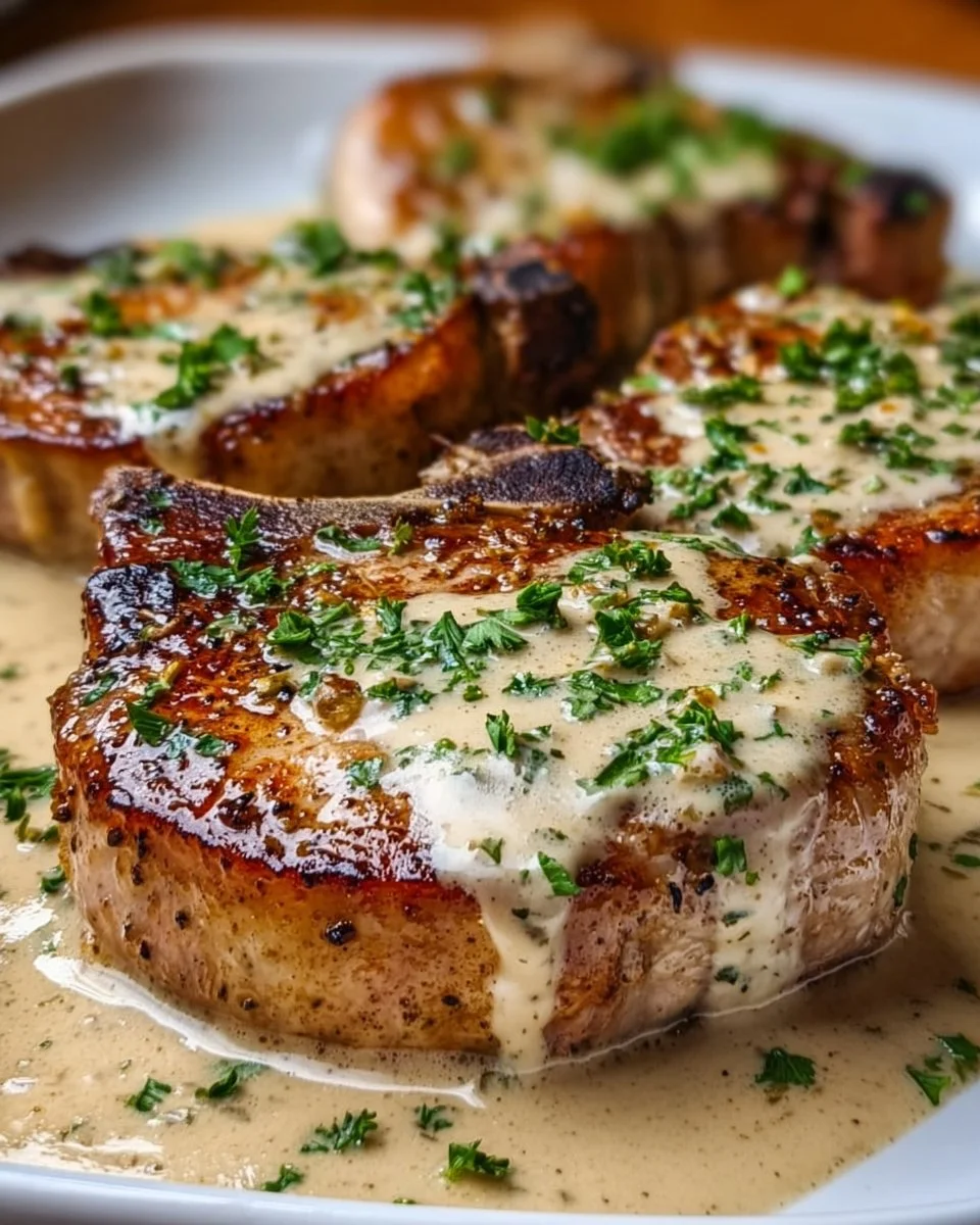 Creamy savory pork chops served with a side of vegetables