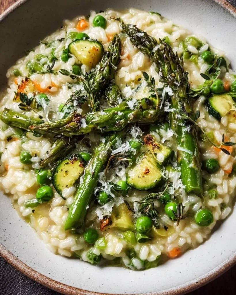 Bowl of creamy spring vegetable risotto with fresh seasonal veggies