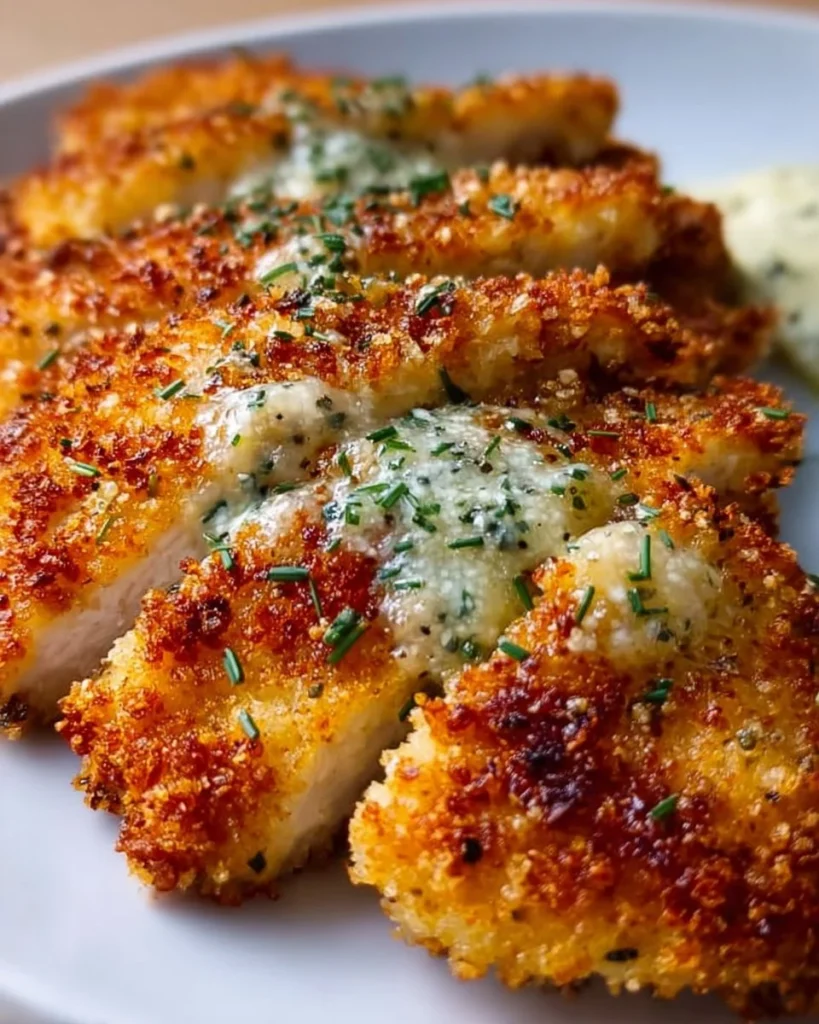 Crispy Dill Pickle Parmesan Chicken garnished with herbs on a plate