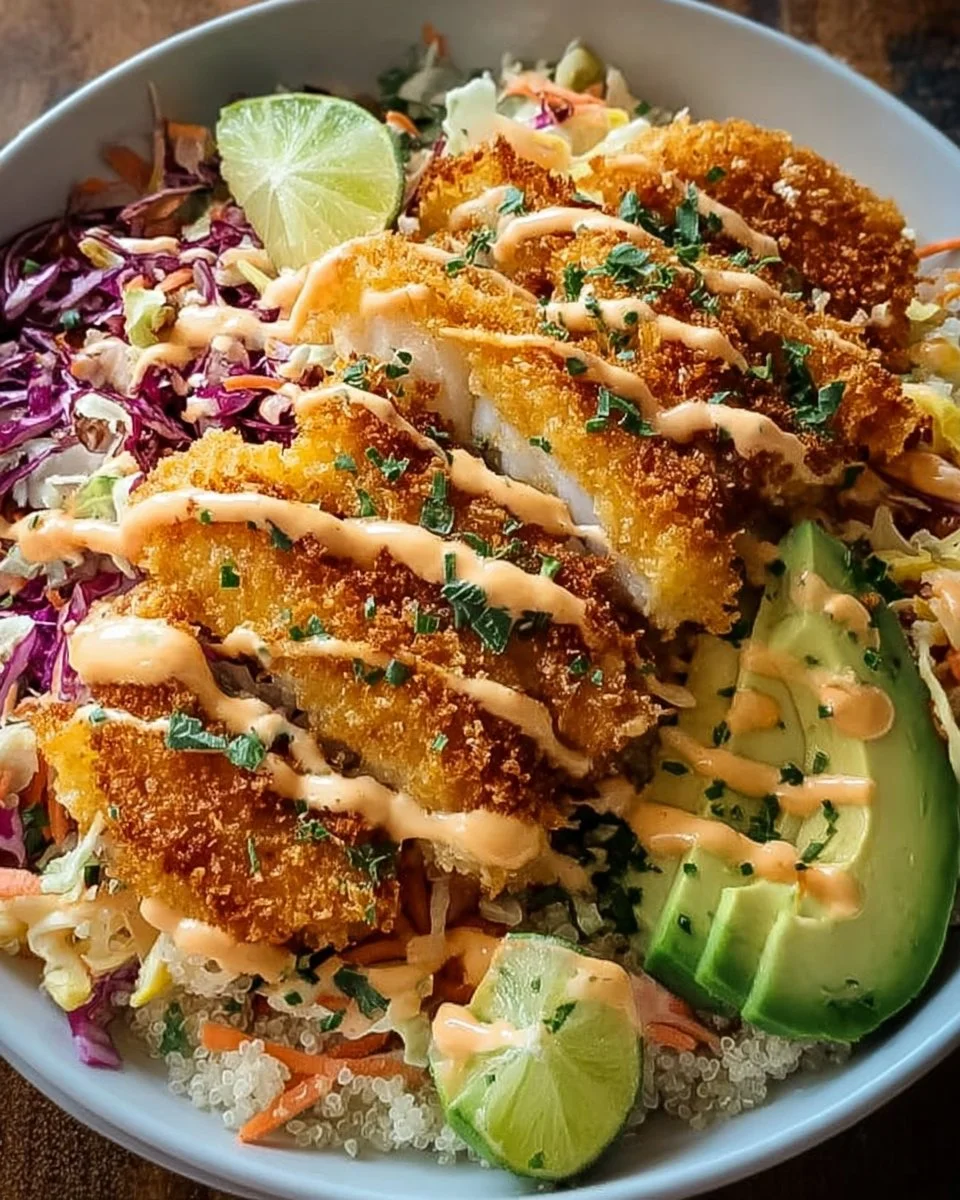Crispy fish taco bowls with fresh ingredients and toppings