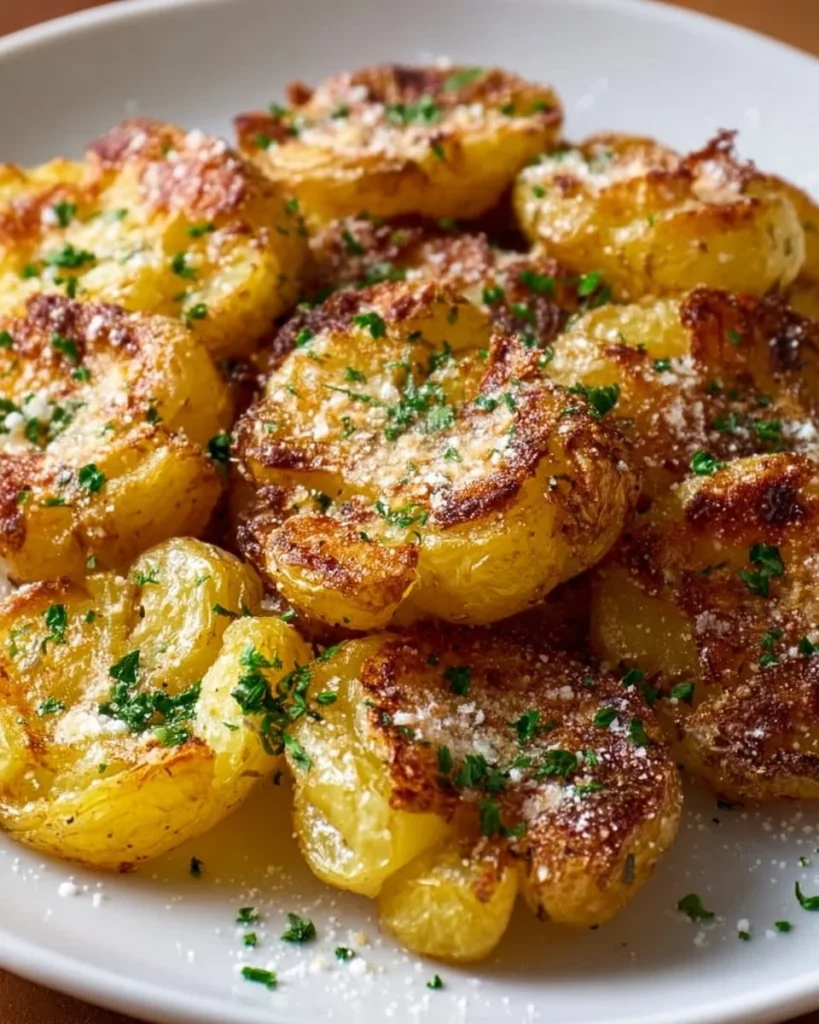 Crispy garlic parmesan smashed potatoes served on a plate