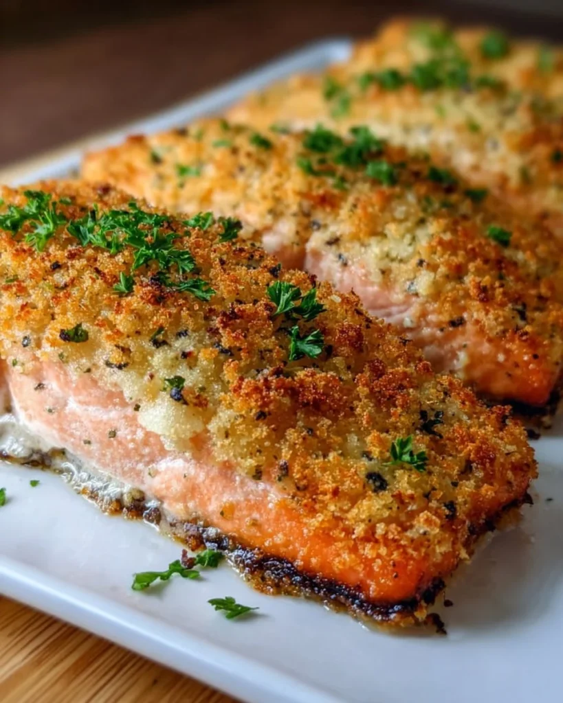 Crispy Parmesan Crusted Baked Salmon served with fresh lemon and herbs