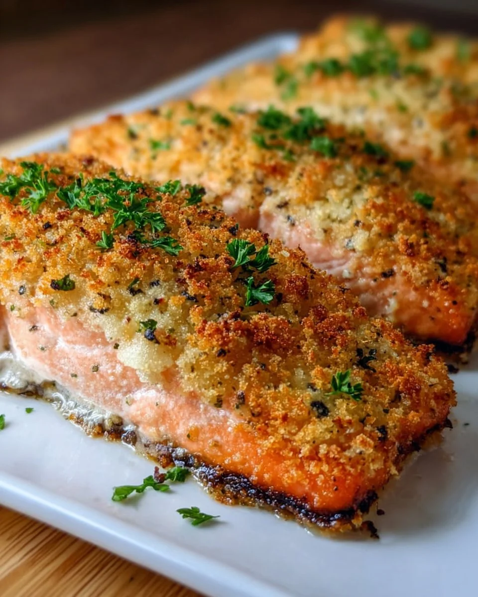 Crispy Parmesan Crusted Baked Salmon served with fresh lemon and herbs