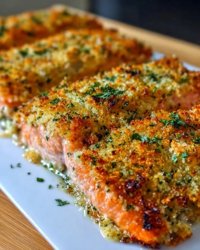 Crispy Parmesan Salmon Bake topped with golden breadcrumbs and fresh herbs