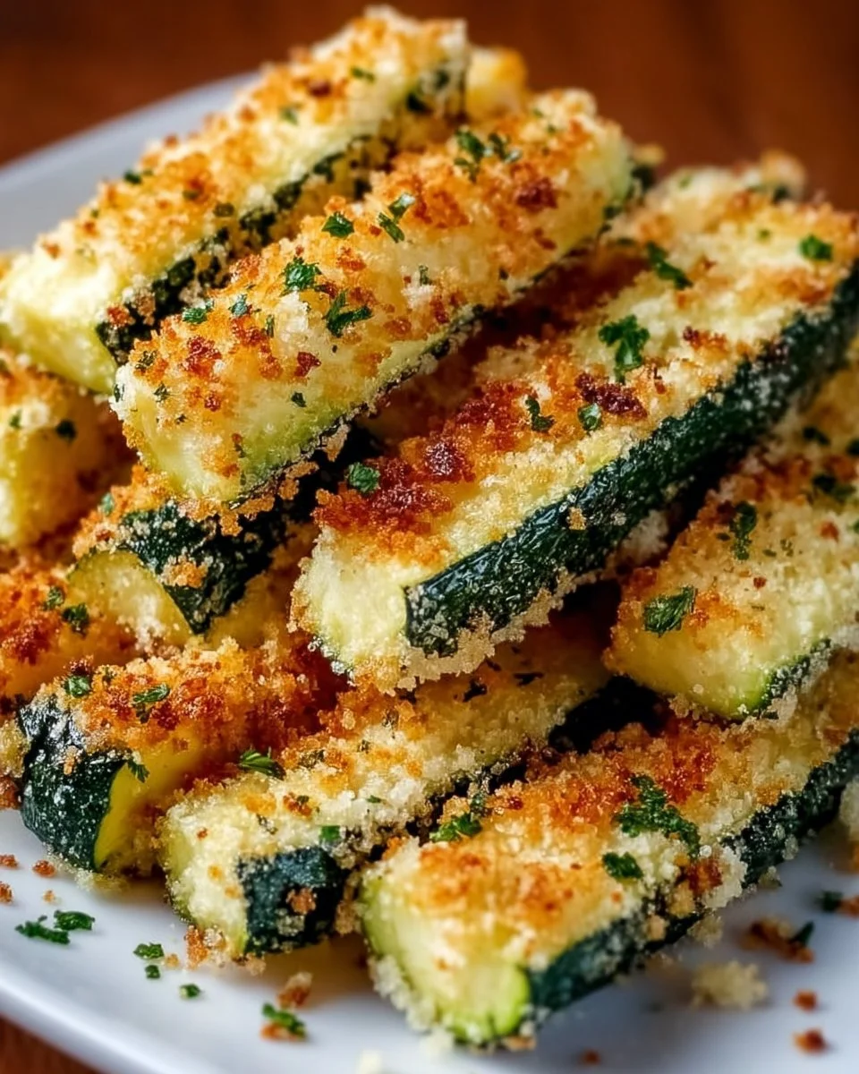 Crispy zesty zucchini sticks served on a plate with dipping sauce.