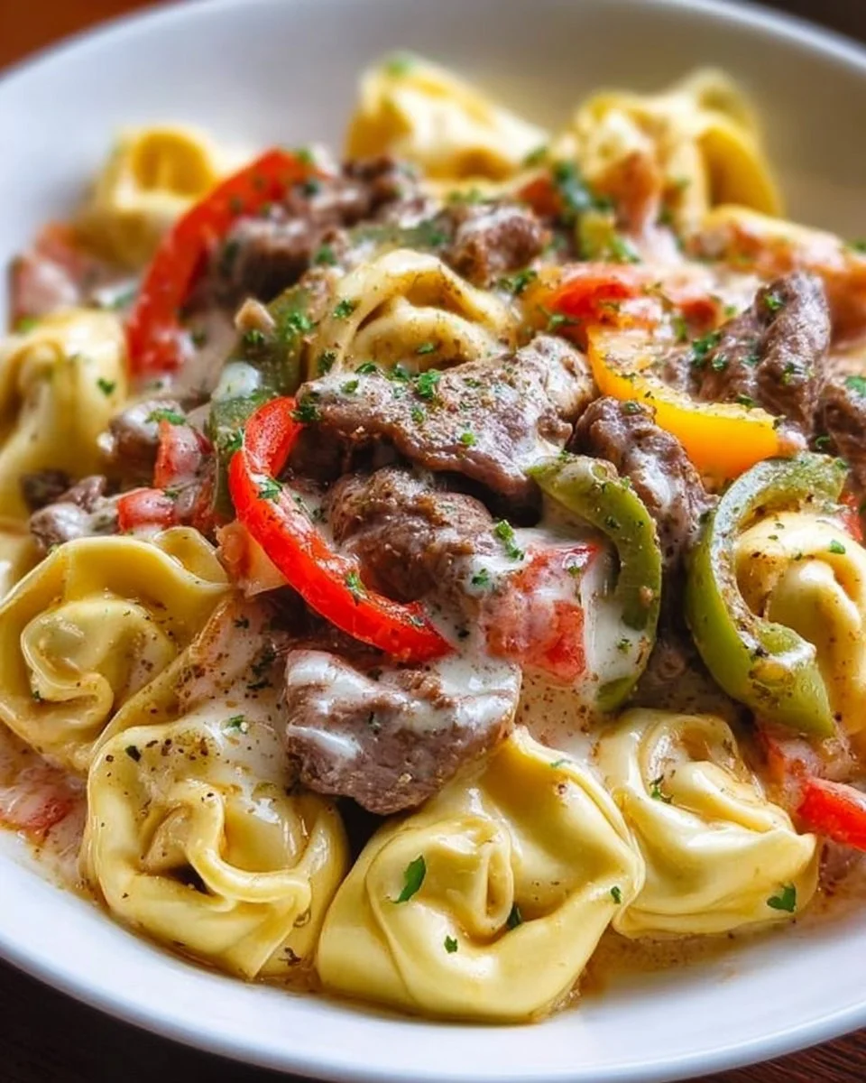 Crock Pot cheesesteak tortellini dish served with cheese and herbs.