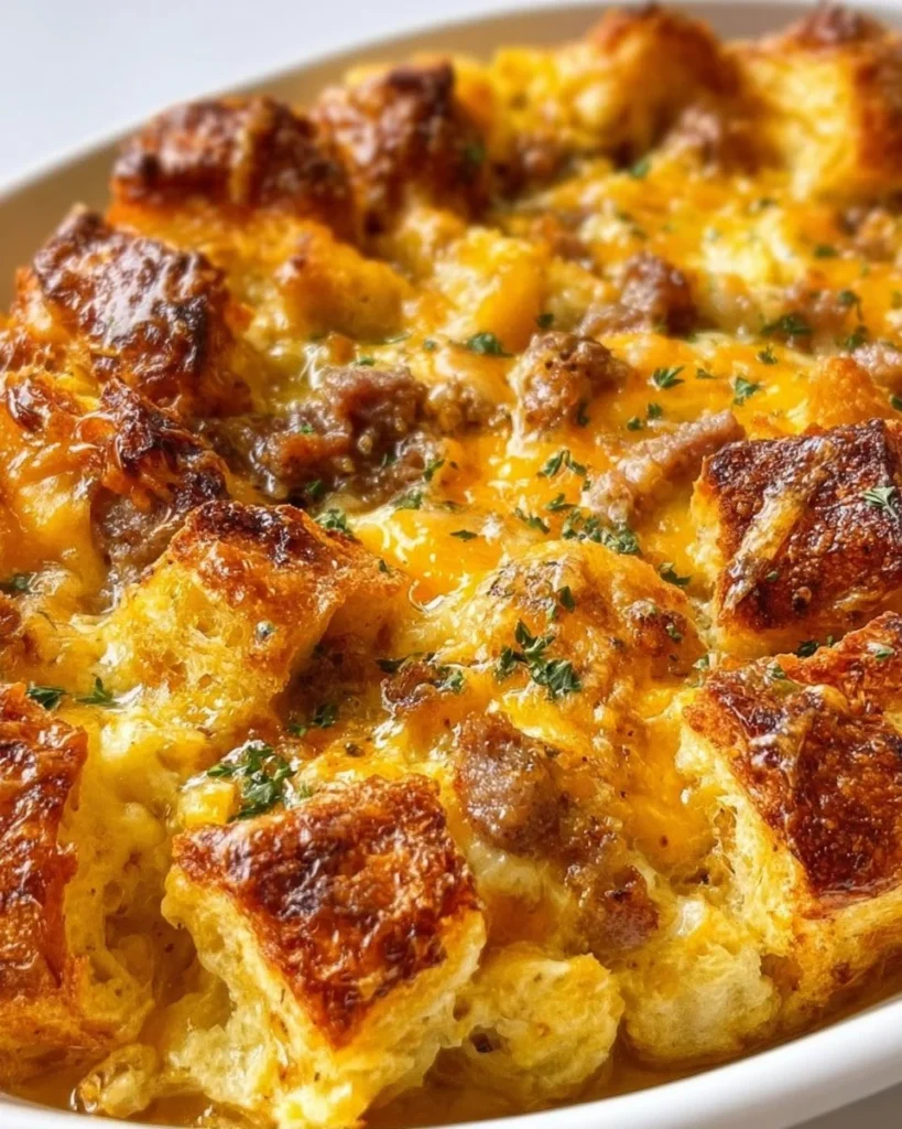 Delicious Croissant Bake Breakfast Casserole ready to serve with fresh herbs