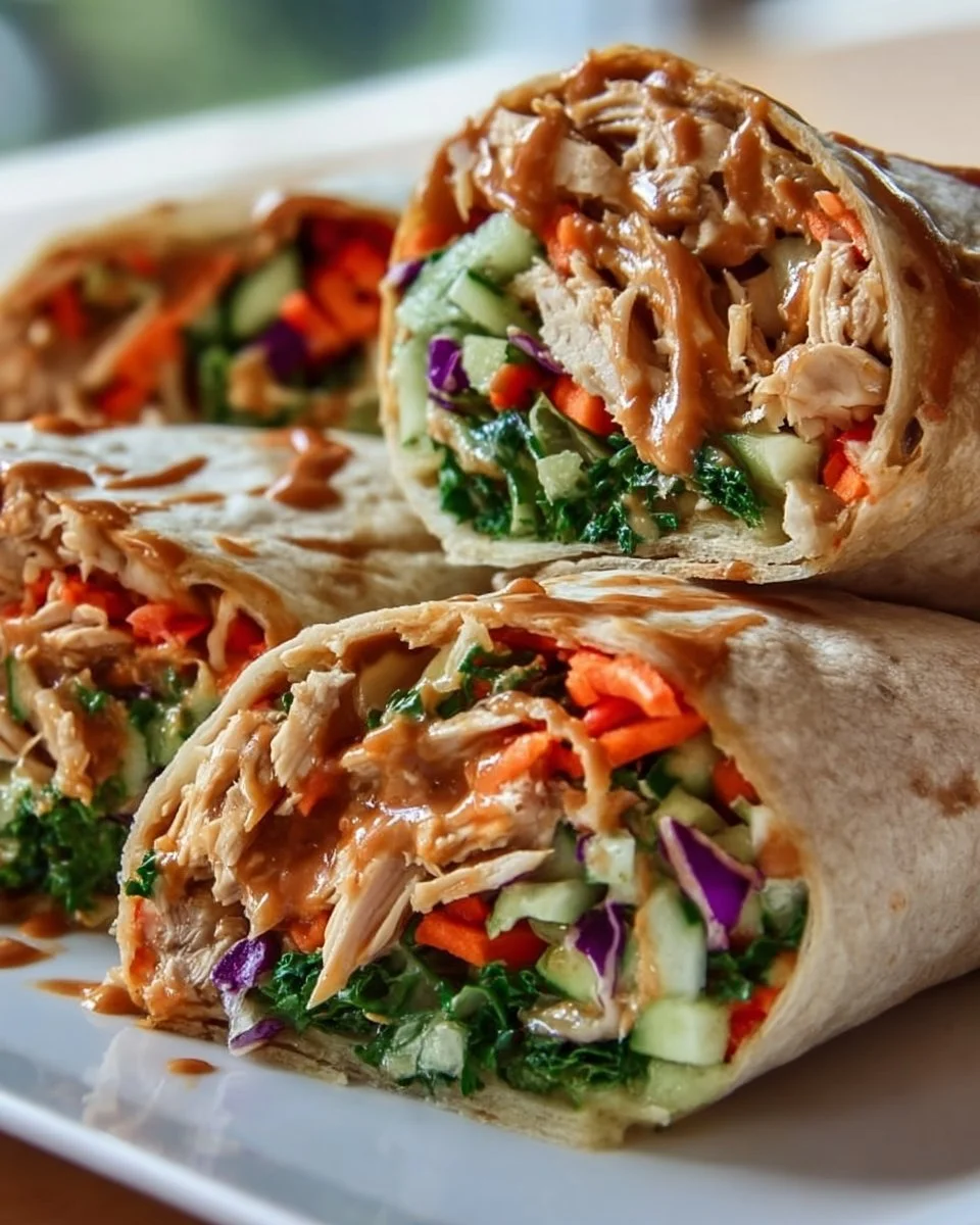 Crunchy Thai Peanut Chicken Wraps with fresh vegetables and savory sauce