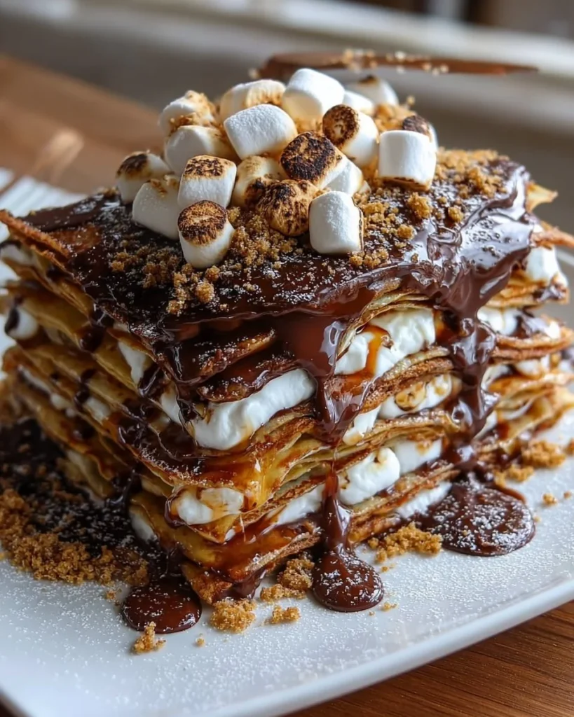 Decadent S'mores crepe stack with chocolate, marshmallows, and graham crackers