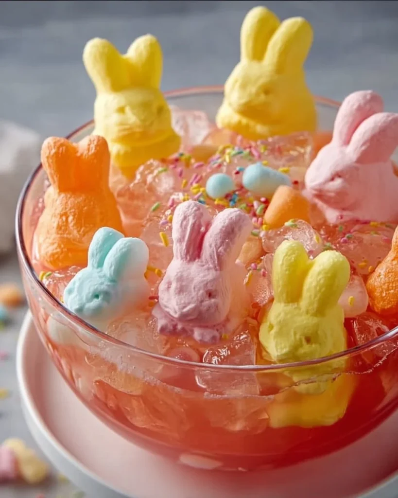 A colorful bowl of Easter Bunny Punch with festive decorations.