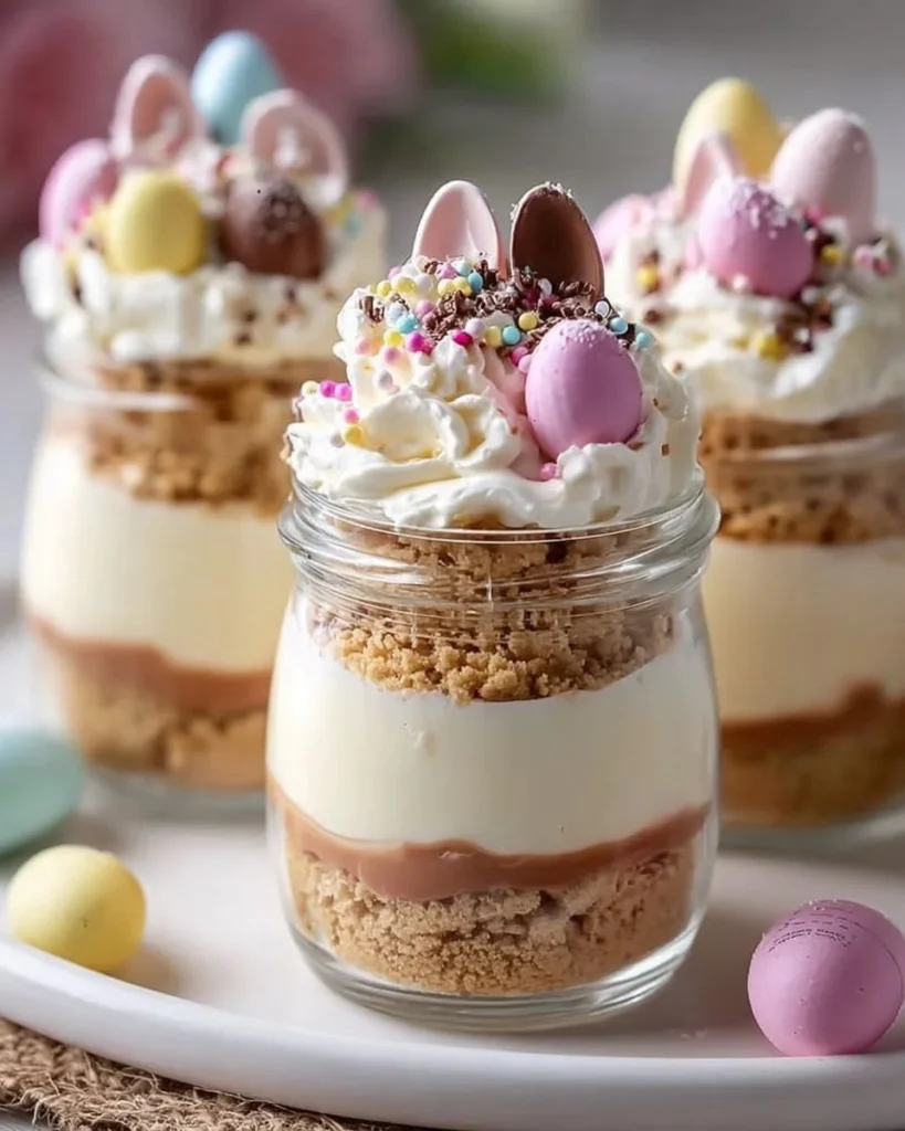 Easter Egg Cheesecake Jars filled with creamy cheesecake and colorful chocolate eggs
