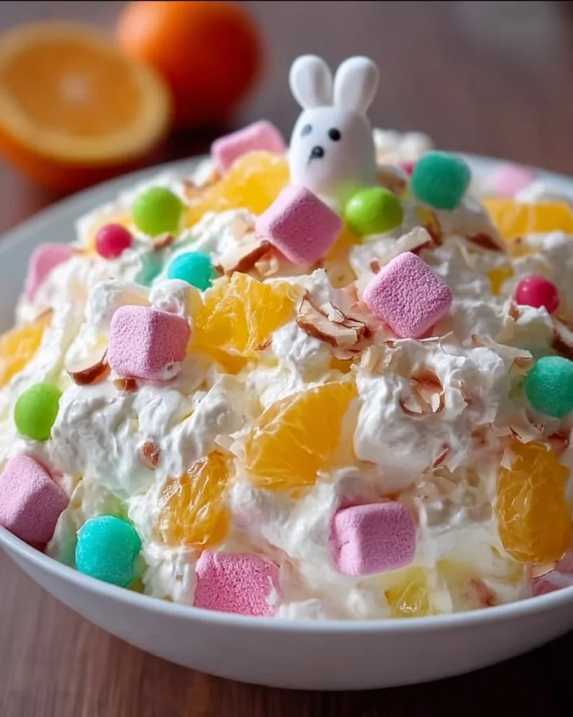 A vibrant bowl of Easter Fluff Salad featuring pastel colors and fluffy marshmallows.