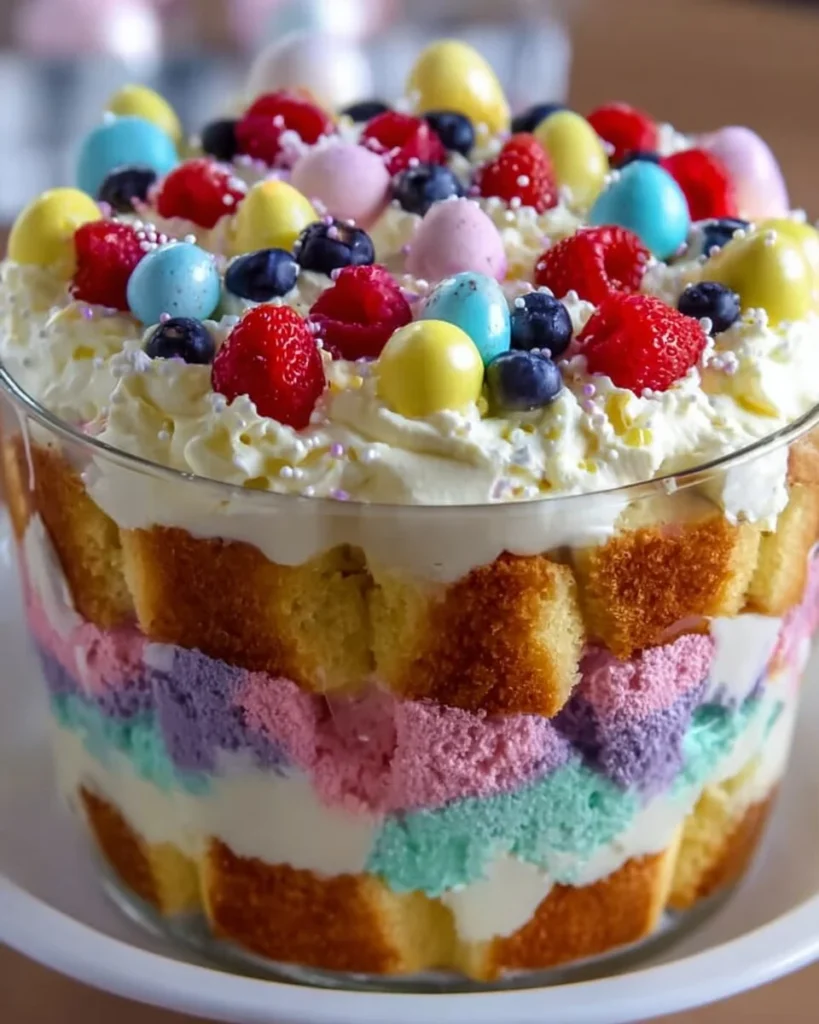 Delicious Easter trifle dessert layered with fruit, cream, and cake