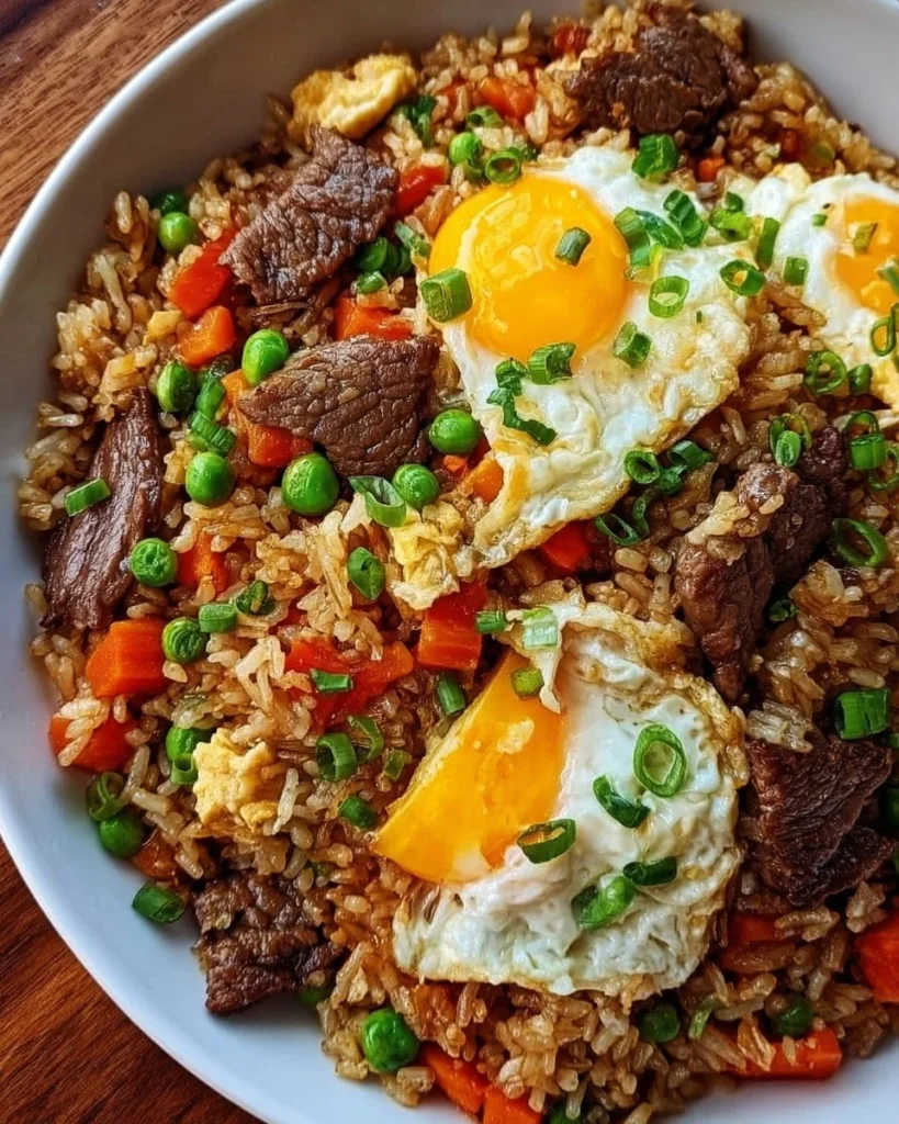 Bowl of easy beef fried rice with eggs, garnished with green onions and vegetables